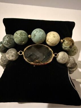 Elegant Stone Beaded Bracelet set of 2 with Gold Accents